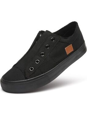 Women's Black Moon Canvas Round Toe Slip On Lace Less Low Top Casual Sneaker